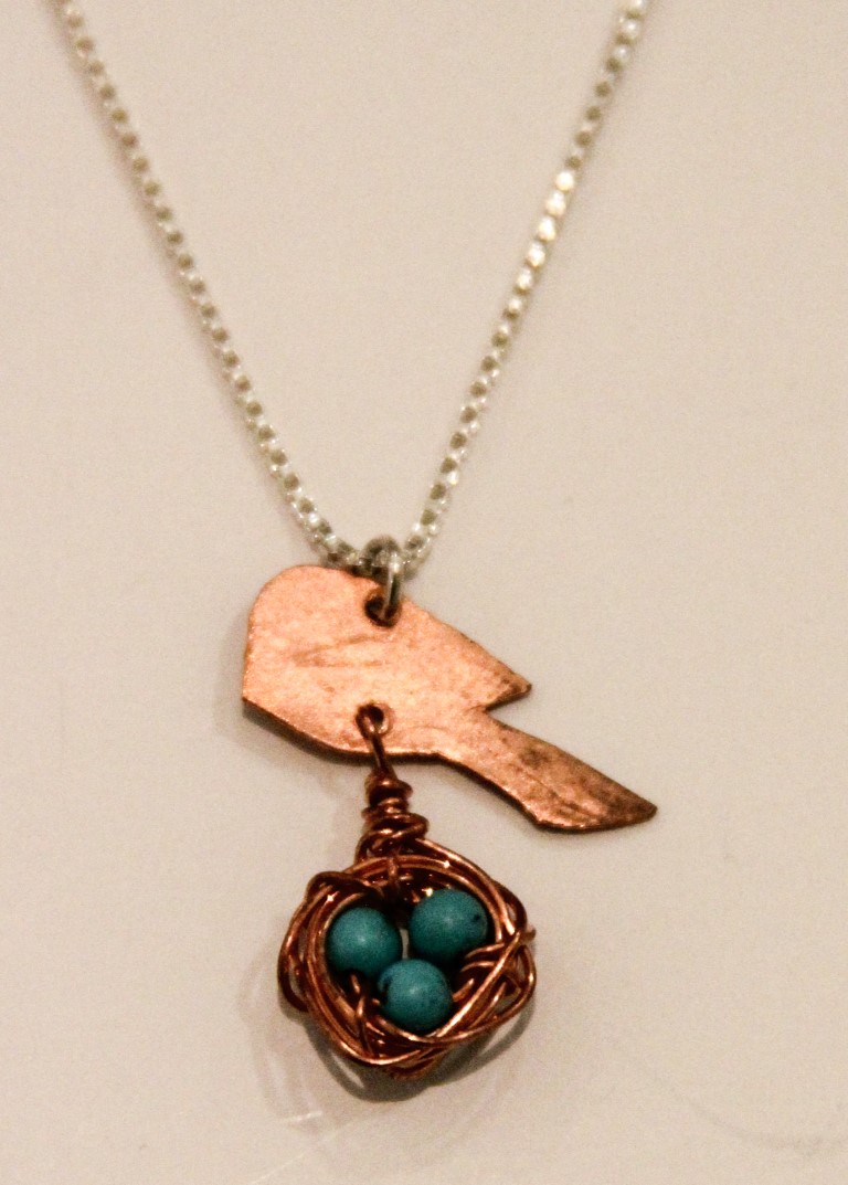 (image for) Necklace, Copper Bird and Nest, Turquoise Eggs, Silver Chain